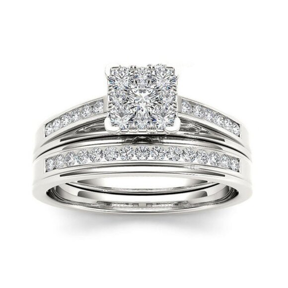 🍁  Double Layer Princess Cut Gems Square Zircon Rings for Women, EVGG1256 - Picture 1 of 2